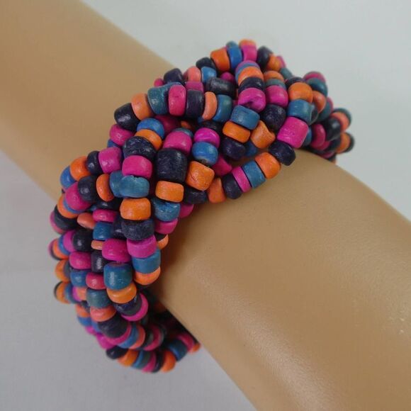 Braided Wooden Dyed Boho Bracelet Beaded Chunky Orange Pink Blue Festival - Picture 2 of 6